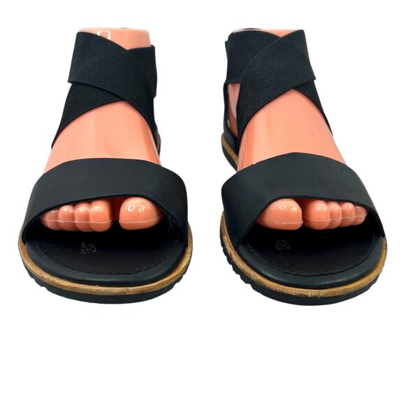 SOREL Ella Leather Flat Sandal Criss Cross Elastic Straps in Black Women's 8.5 - Picture 3 of 13